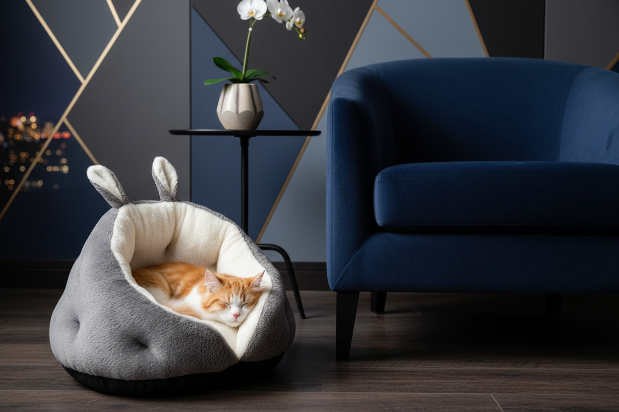 Bunny Ear Pet Bed - Blue & Black Theme